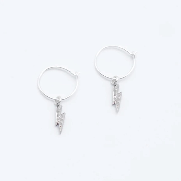 Earring Hoop w/ Pave Diamond Lighting Bolt Pendant Sterling Silver by Jungle Via - Picture 3 of 3